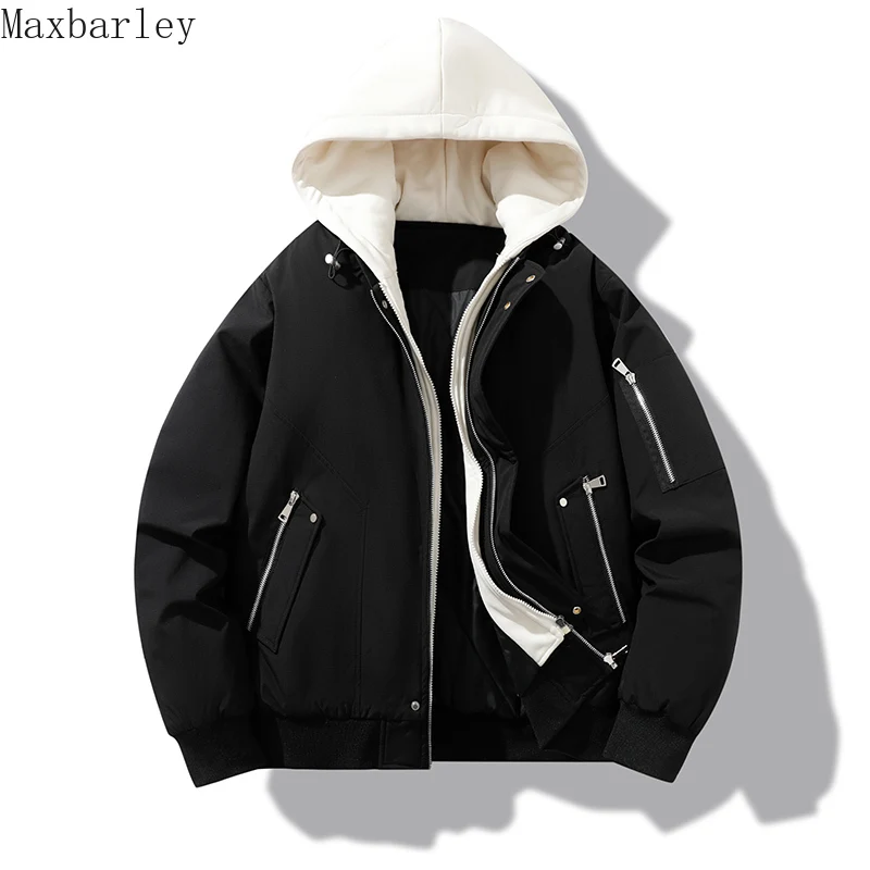 Winter Cotton Jacket Men's 2024 New Hip-hop Casual Hooded Fake Two-piece Padded Jacket Unisex Fashionable Loose Thick Parka Coat