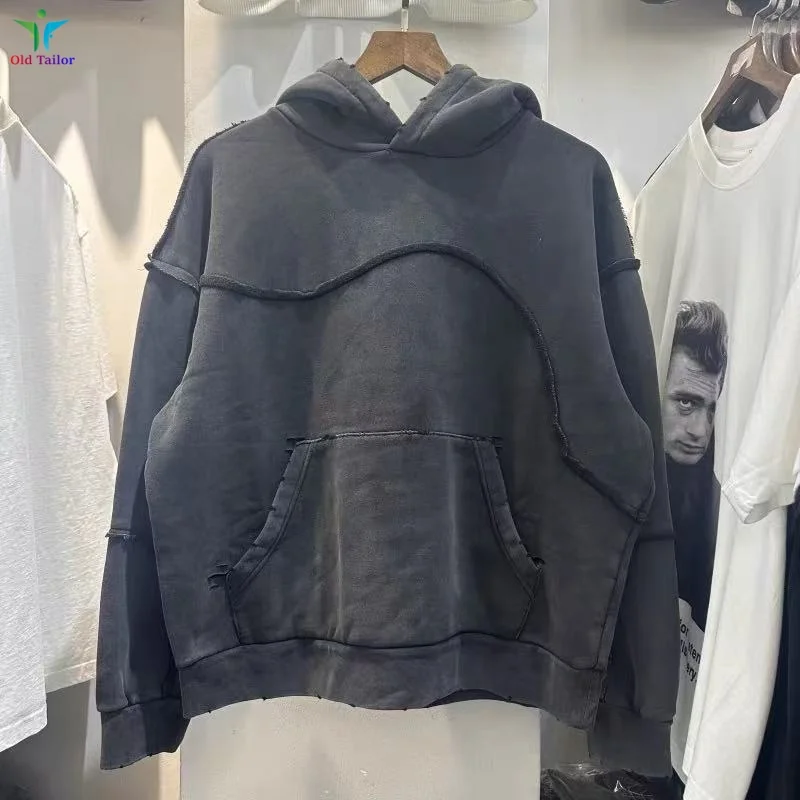 

Последняя тенденция, потертая черная мужская и женская осенне-зимняя лоскутная толстовка премиум-класса с капюшоном большого размера из хлопка