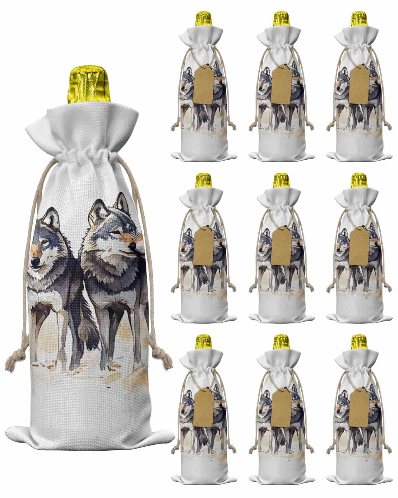 

10pcs Wine Bottle Covers Watercolor Wolf Animal Wine Holder Carrier Packaging Bag Wedding Party Decor Gift