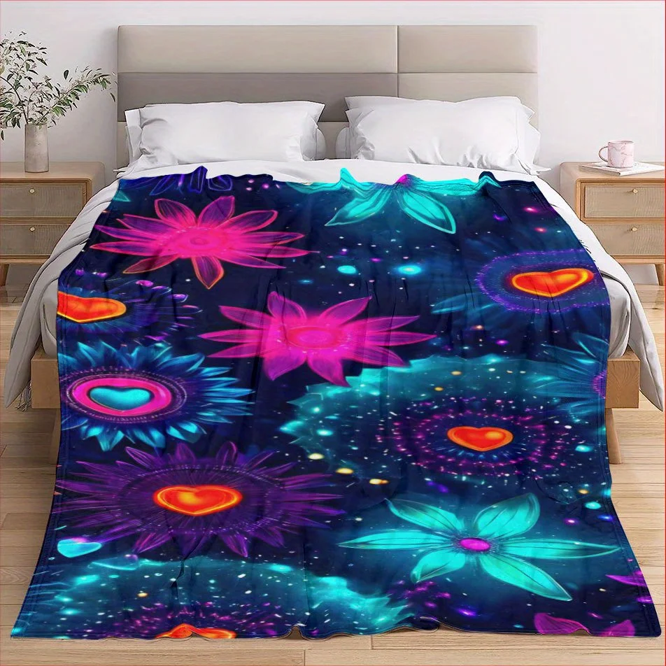 Rainbow Floral Garden Blanket Reversible Flannel Throw for Bohemian Style AllSeason Comfort Blossom Beauty Gift