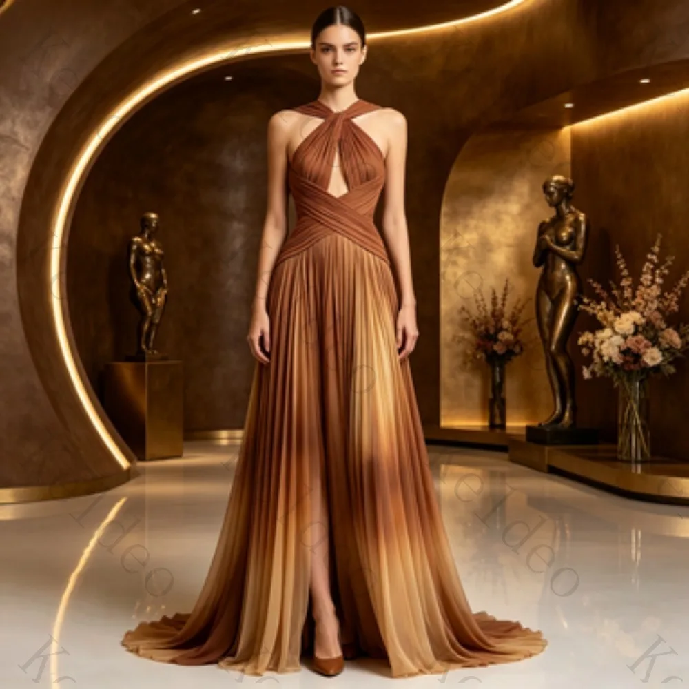 Customized Gradient Brown Pleated Chiffon Evening Dress Halter Neck Cross Wrap Deep V High Slit Floor Length Formal Prom Gown
