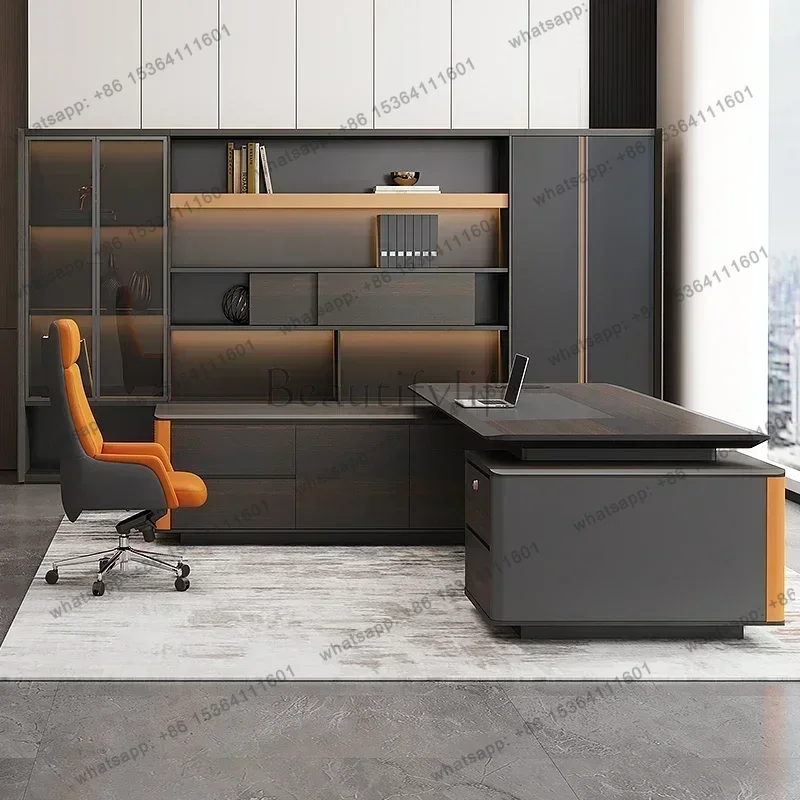 LJY Luxury  Modern Light High End Sense Executive Office Desk L Shaped With Storage Drawers Computer Desks Filing Cabinet Boss c