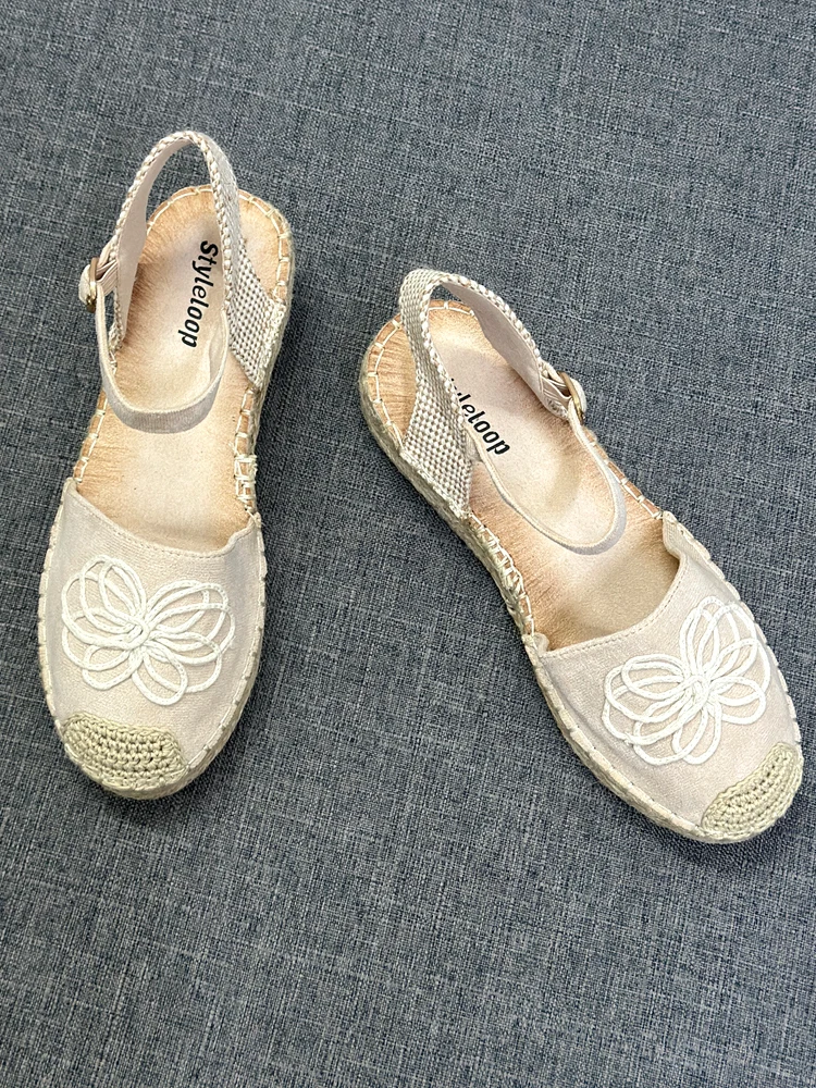 レディース ストロー編み 厚底 フラット フィッシャーマンシューズ 刺繍入り カジュアルサンダル 夏用 ラウンドトゥ ラバーアウトソール