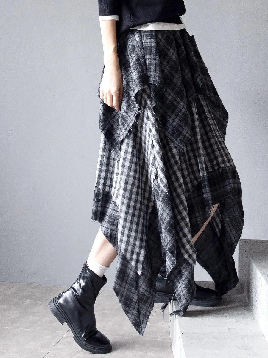 RORIRI القوطية غير المتكافئة طبقات تنورة منقوشة خمر مرونة الخصر فلوي كشكش الخام حافة تنورة طويلة كبيرة الحجم النساء الملابس #6