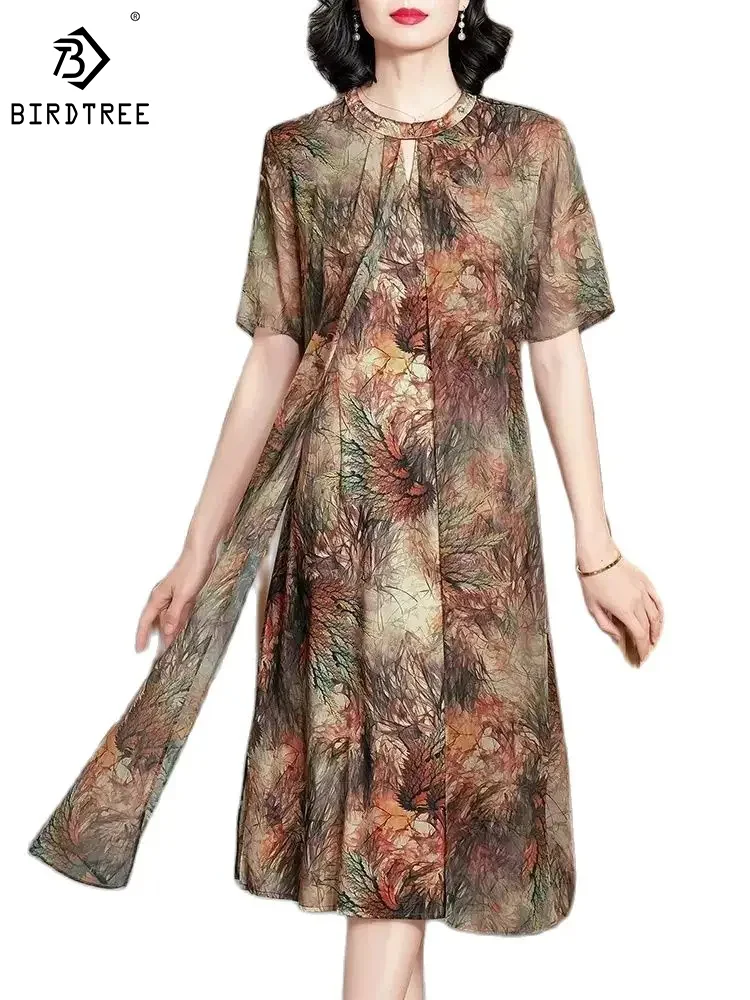 BirdTree 85.2%Mulberry Silk Women Dresses, Flower Print Short Sleeve, Loose Elegant Silky Dress, 2024 Spring Summer New D42252QM