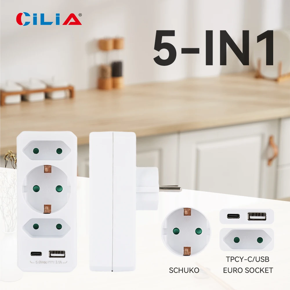 

1/2 Piece(s) Multi-Function Wall Outlet, 2 Dual Sockets, 1 Grounded Socket, 1 Type-C Port, 1 USB Port, Portable, 2500W Capacity