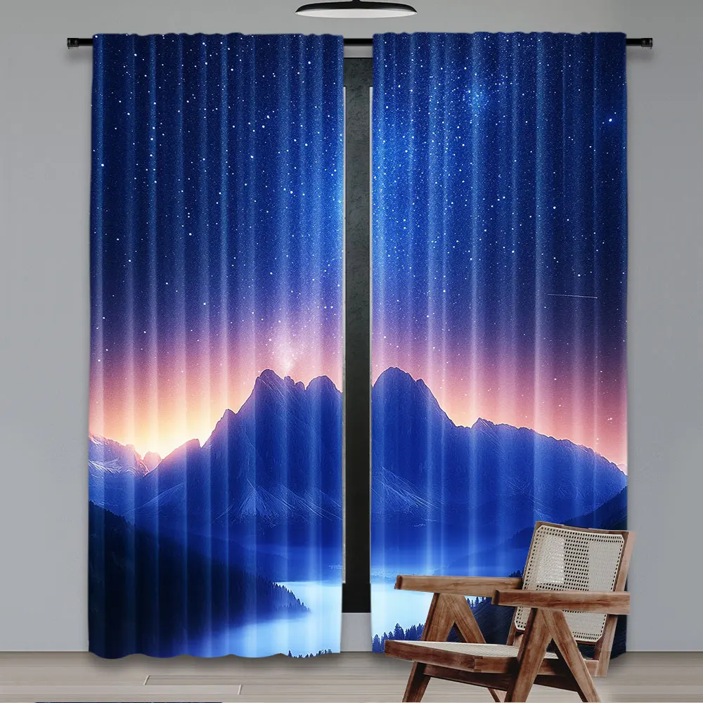 2Pcs Mountain Fog Milky Way Night Curtains Autumn Valley Purple Starry Sky Curtains Italy Art Curtains Suitable For Bedroom