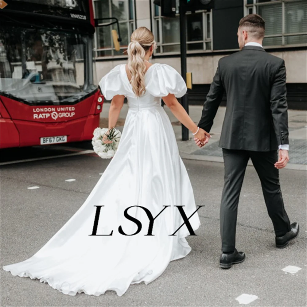 LSYX Simple V-Neck Puff Sleeves Satin A-Line White Wedding Dress For Women Zipper Back Floor Length Bridal Gown Custom Made