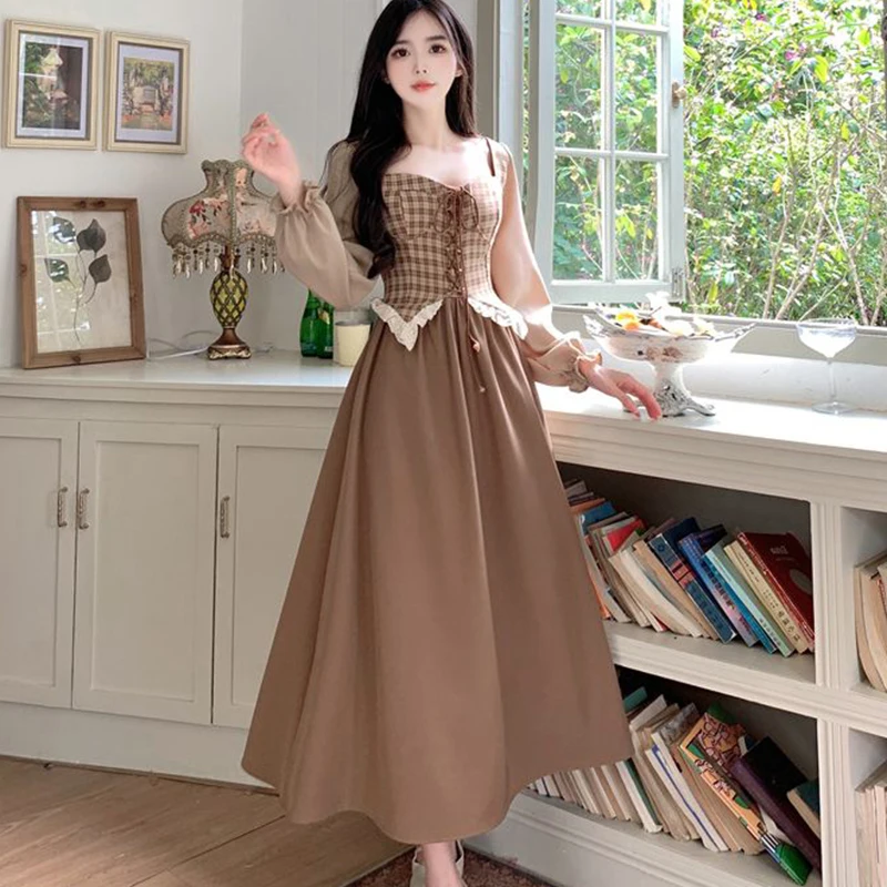 Square Neck Patchwork Fake Two-piece Dresses 2023 Autumn Coffee Vintage Lantern Sleeve Dresses Women's Slim Waist A-line Dresses