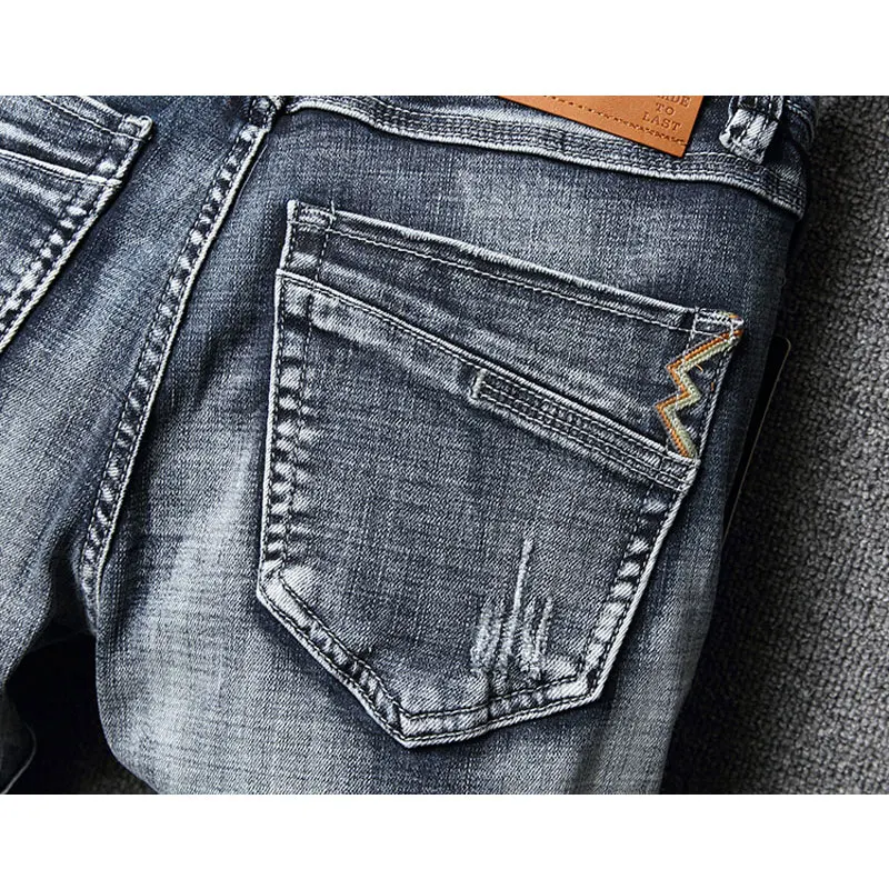 Fashion Designer Men Jeans High Quality Retro Blue Gray Stretch Slim Fit Ripped Jeans Men Embroidery Vintage Denim Pants Hombre
