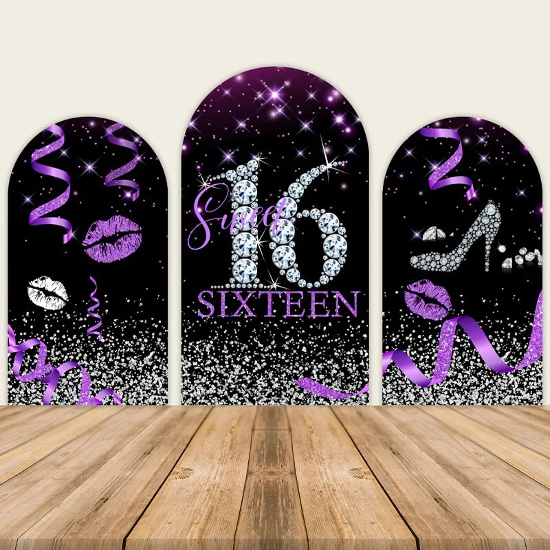 

Black and Purple Glitter Silver Sweet 16th Birthday Arch Backdrop Cover for Girl Diamond Sixteen Background Doubleside Banner