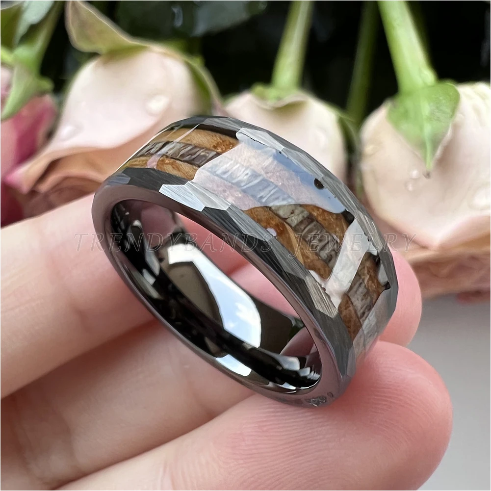8mm Hammered Fashion Ring for Men Women Tungsten Carbide Engagement Jewelry Wedding Band Whisky Barrel Wood Inlay Brushed Shiny – Detail 7