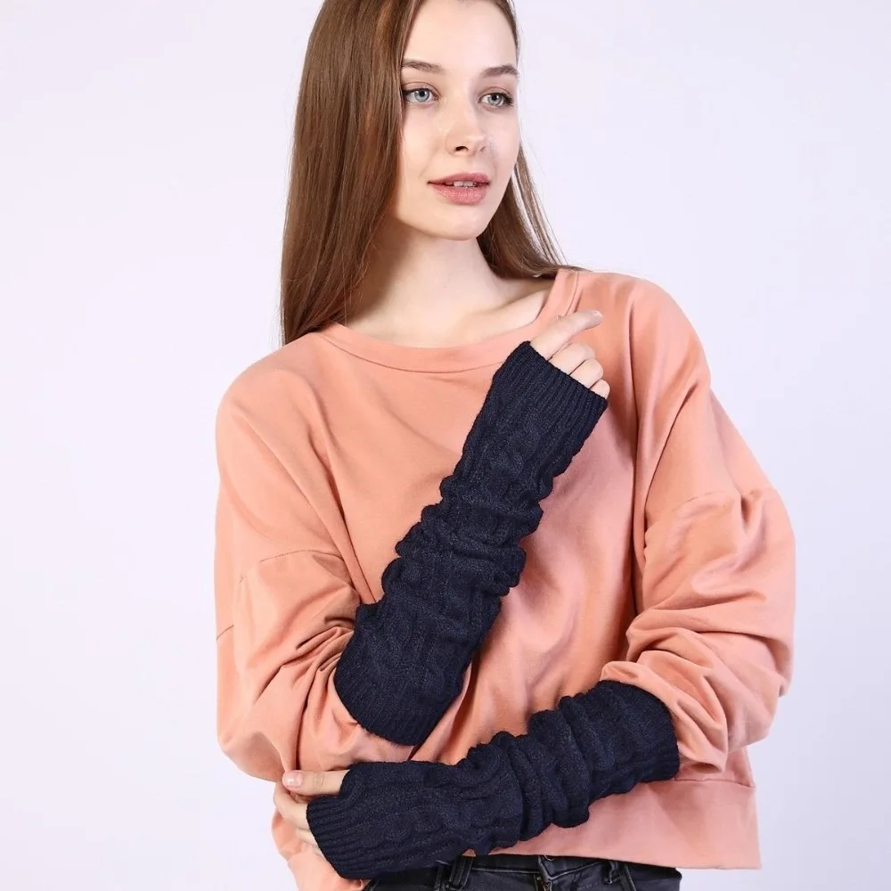 Casual Solid Color Fingerless Gloves Long Knit Hand Warmer Black Mittens Arm Wrist Sleeve Women