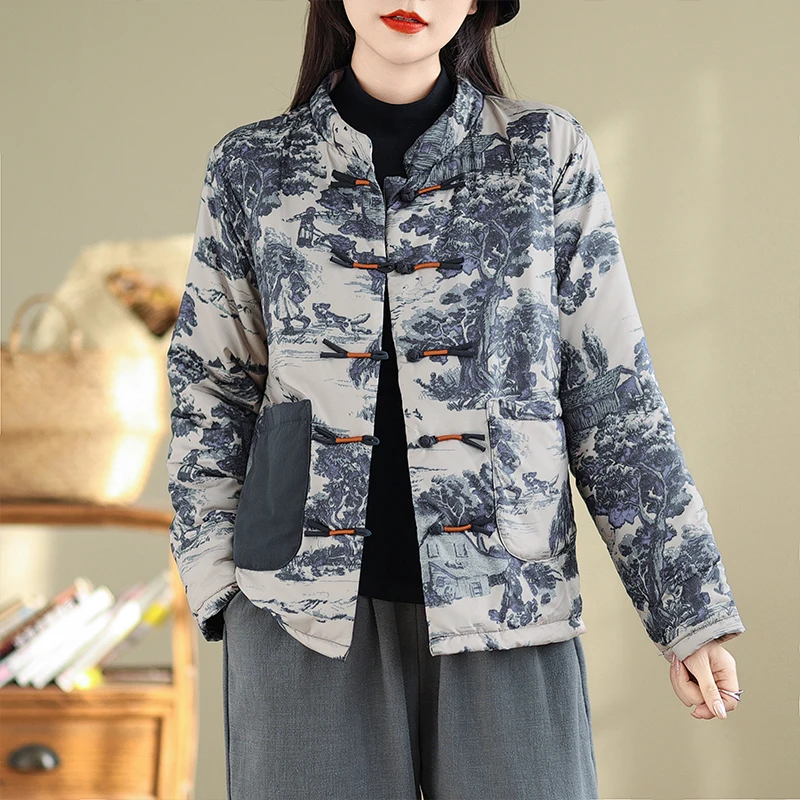 

Winter New Loose Cotton Jacket Women's Small Stand Collar Long Sleeve Retro Button Print Cotton Coat Outerwear