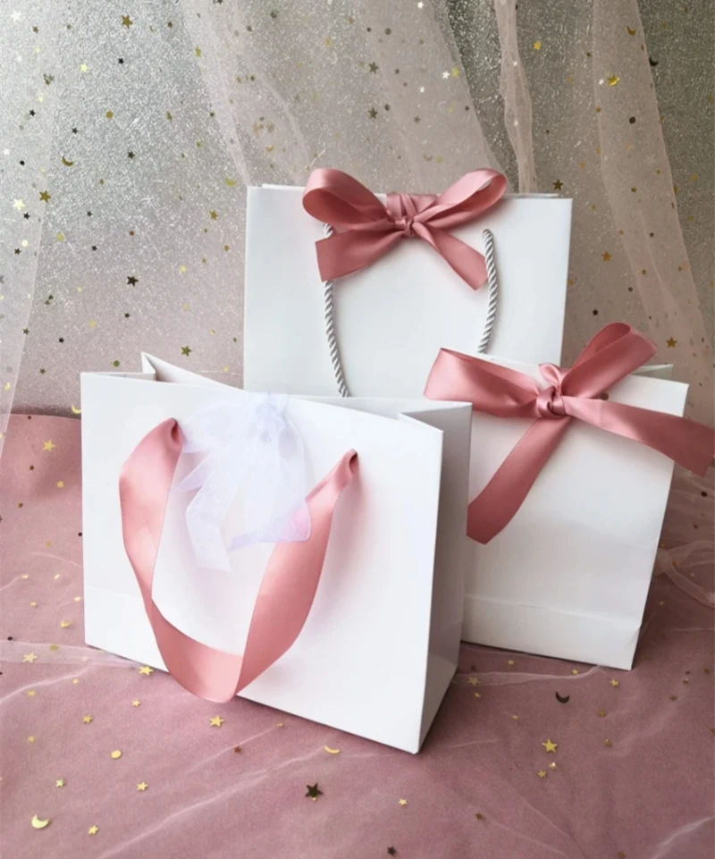 10 Stück rosa Geschenktüten aus Papier mit Schleife, Hochzeitsgeschenkboxen, Gastgeschenke, Geburtstagsparty-Taschen / Verpackung für Pyjamas, Kleidung, Perücken – Detail 1