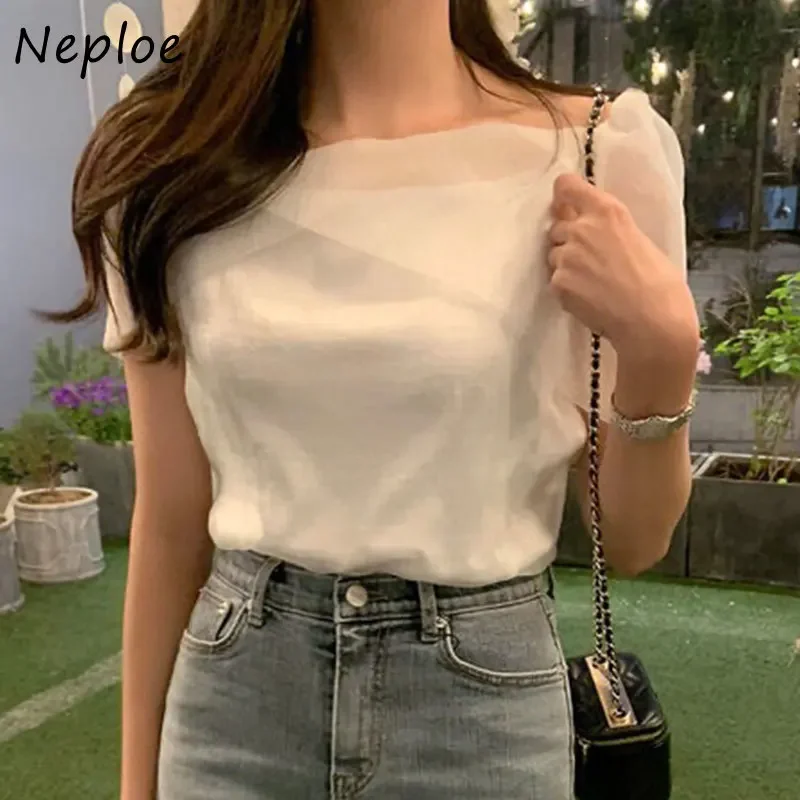 Neploe Gentle Style Temperament Solid Blusas Slash Neck Off Shoulder Mesh Short Sleeved Slim Shirts Top 2024 New Women Blouses