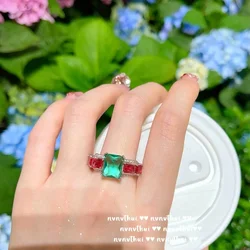 Delicato anello quadrato rosso verde CZ per le donne S925 argento festa di nozze temperamento accessori regalo gioielli di nuova moda