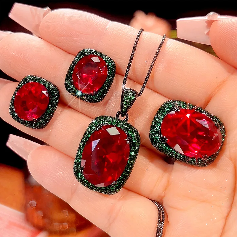 

Luxury Red Oval Cubic Zirconia Jewelry Green Paved Necklace Earring Adjustable Ring Fashion Accessories Women Party Wedding Gift