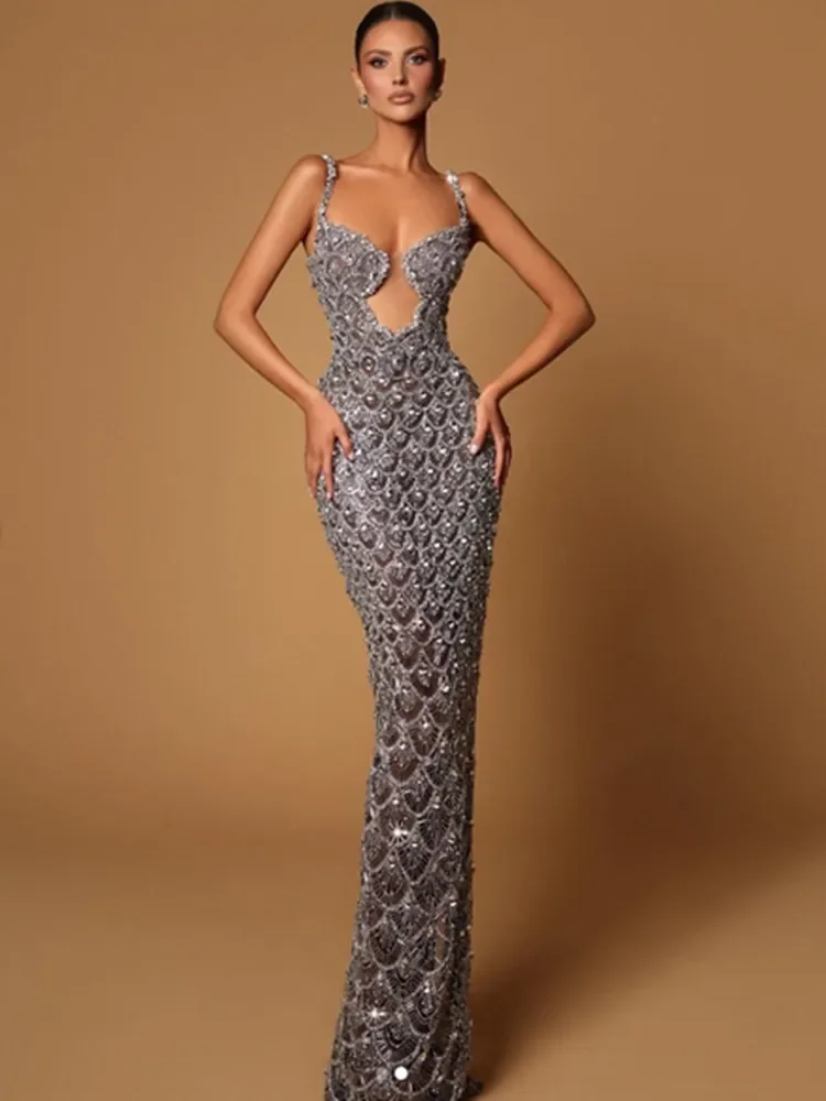 Women Silver Evening Dress Luxury Sleeveless Sequines Embroidery Bodycon Maxi Long Glitter Sparky Celebrity Party Gowns