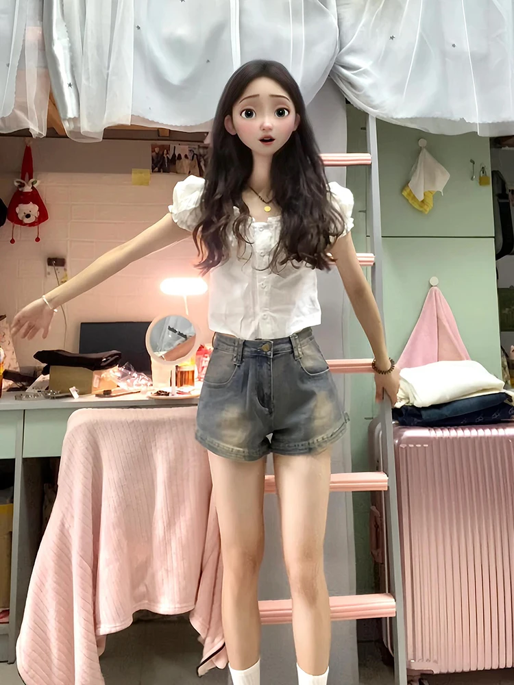 レトロアメリカンホットガールデニムオーツ女性用サマーシンハイウエストスリム万能ラップアラウンドワイドレッグホットパンツ