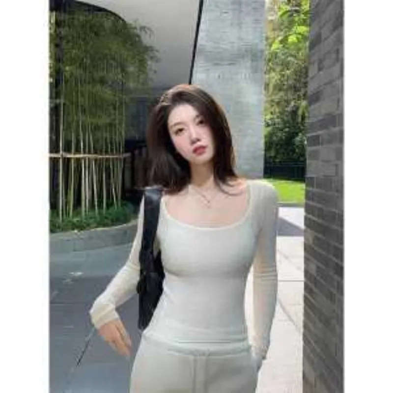 

Hot Girl Square Neck Simple Long-sleeved Knitted Women's Autumn and Winter New Pure Desire Inner Wear Slim Bottoming Top
