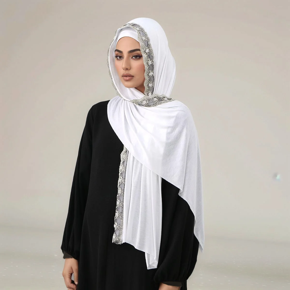 Pearls Embroidery Cotton Jersey Muslim Hijab Long Scarf Women Head Wraps Shawl Turban Eid Soild Headband Malaysia Tudung 170*60c