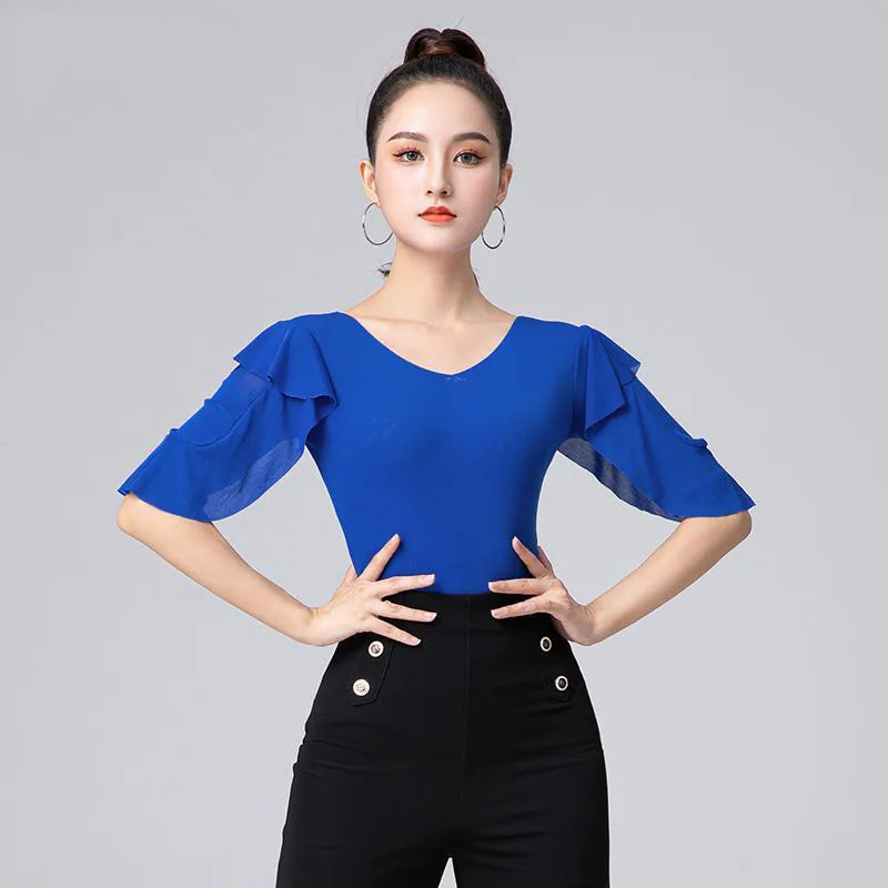 2023 NEW Adult Women Dance Top Lady Modern  Ballroom Costume Sexy V-neck Chiffon Dancewear 6 Colors