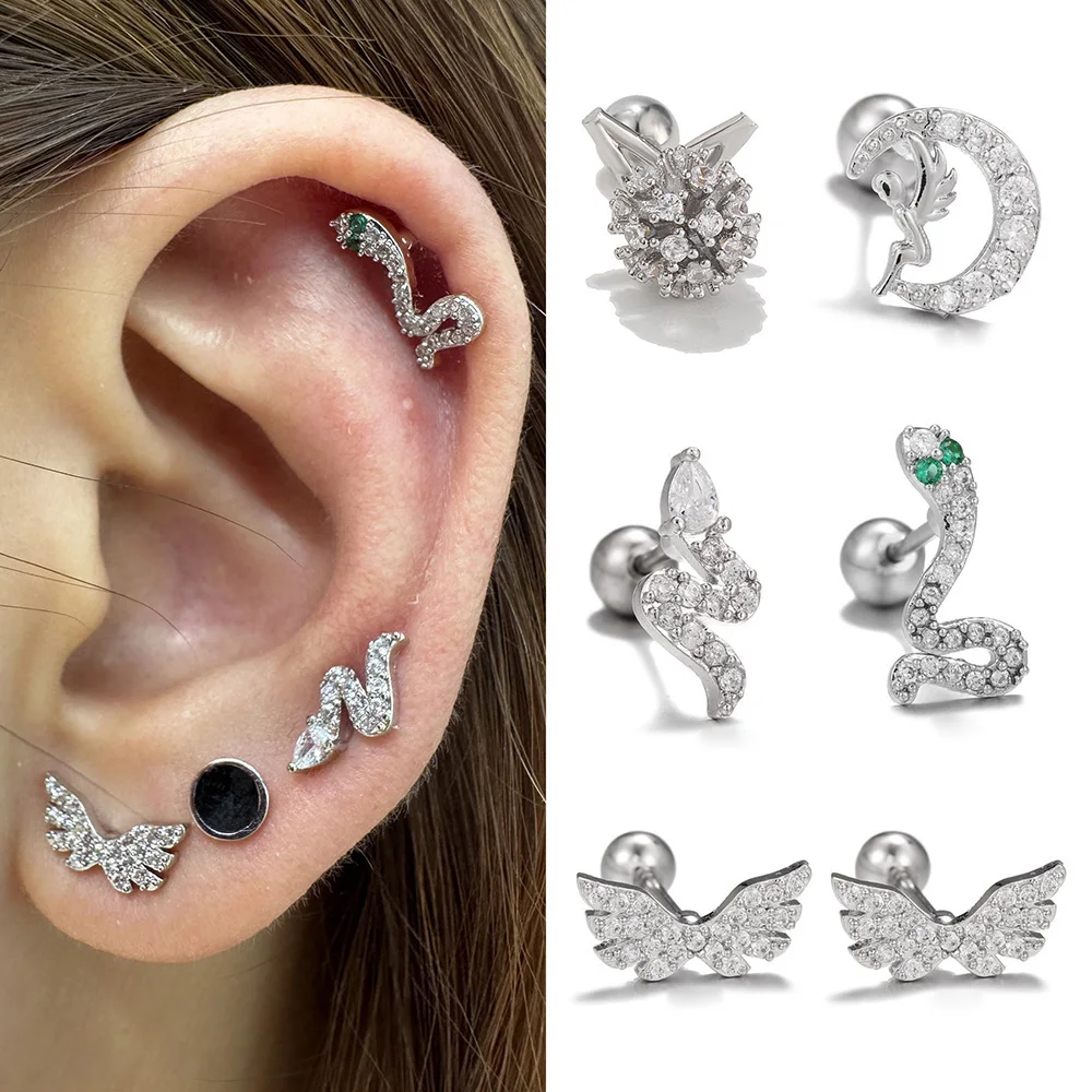 1pc Angel Wings Rook Helix ConchPiercing Snake Earrings For Women Fashionable Simple Creative Zircon Earbone Accessories KDE271