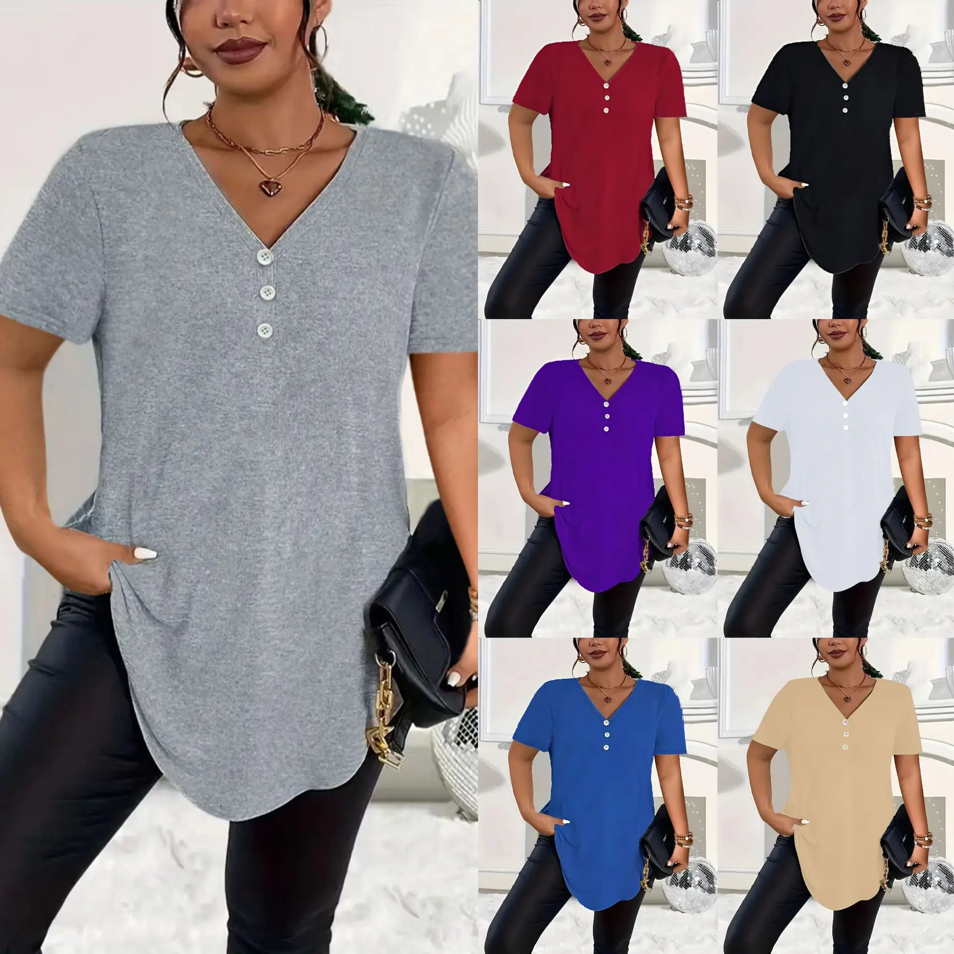 

Y2K women's summer new casual solid color button V-neck top fashionable loose short-sleeved T-shirt