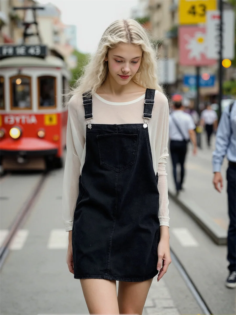 Abiti da donna Y2K Denim nero Vestibilità ampia Nozioni di base A-Line svasato Swing Skater Manica a sbuffo Ritagliata a forma di corpo Vita stretta Ritagliata