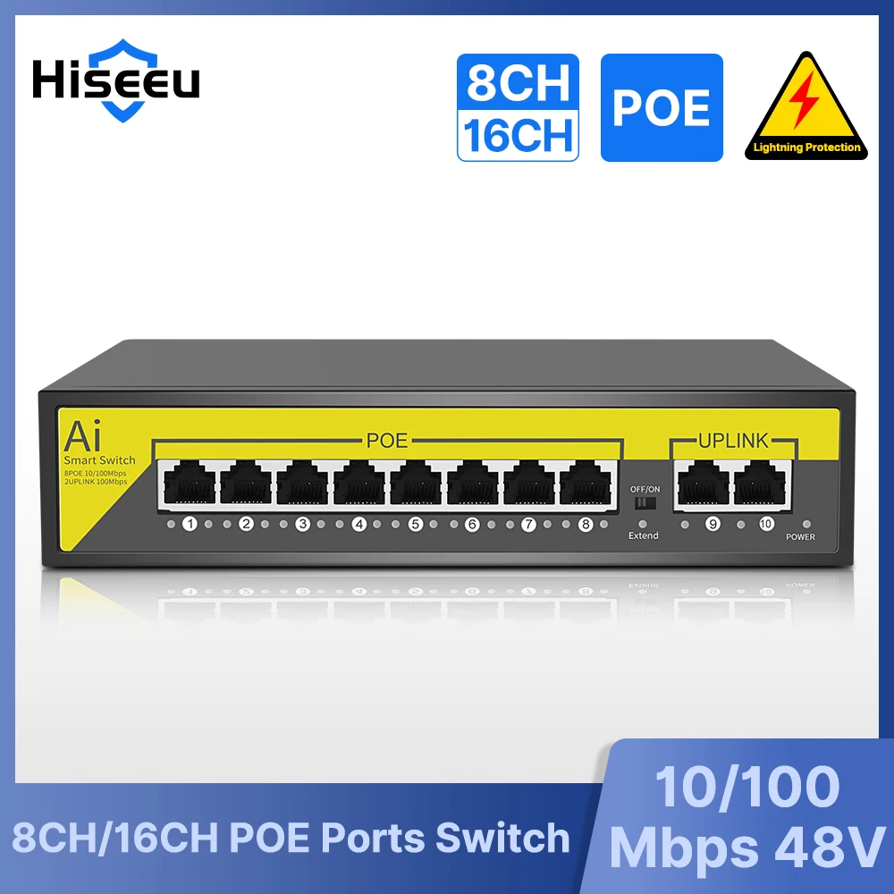 

Hiseeu 48V 10/100Mbps 8/16 Ports POE Switch Ethernet IEEE 802.3 af/at for IP Camera/CCTV Security Camera System/Wireless AP ft