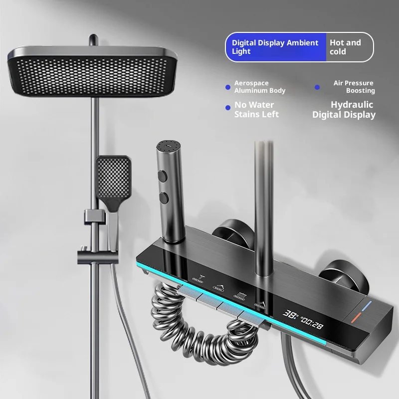 

Gunmetal gray piano key shower head; a complete set of large platform pressure-balanced cold and hot home shower head set; bathr