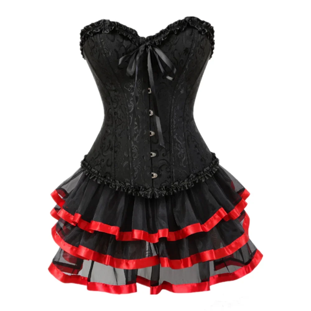 Women Jacquard Overbust Corset Dress Vintage Victorian Elegant Bustier Corsets Top With Mini Skirt Sexy Gothic Lace Up Bustiers