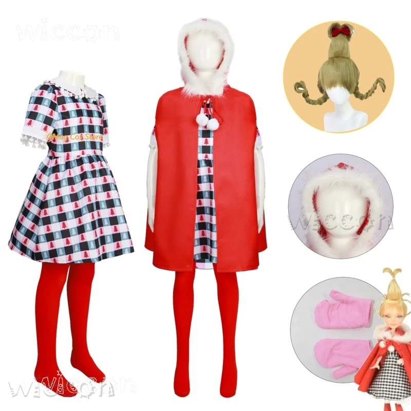 Stole Christmas Cindy Cosplay Lou Who Costume Wig Adults Kids Girls Stole Xsmas Red Suit Dress Coat Winter Cloak New Year Party