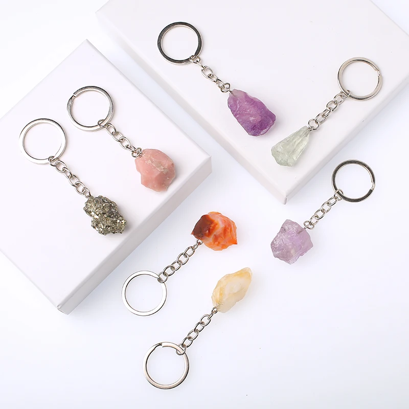 1pcs Natural Rough Raw Stone Crystal Quartzs Keychain Women Men Handbag Hangle Car Key Holder Raw Mineral Stone KeyRing Jewelry