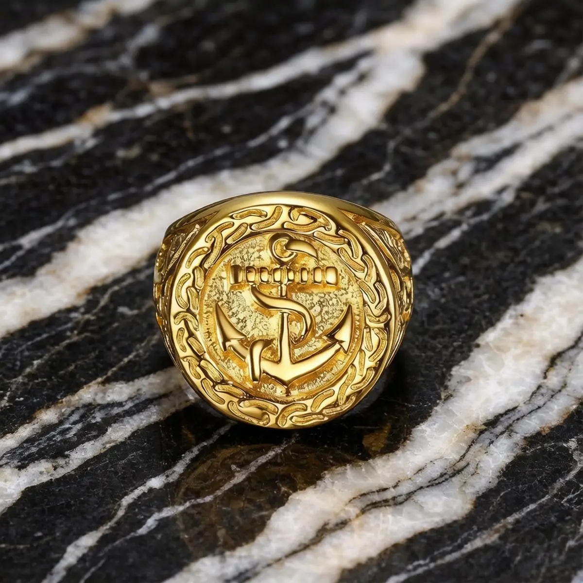 

316L Stainless Steel Gold Anchor Pattern Motorcycle Ring Hip-Hop Rock Eagle Anchor Titanium Steel/Stainless Steel High-Quality Men's Ring