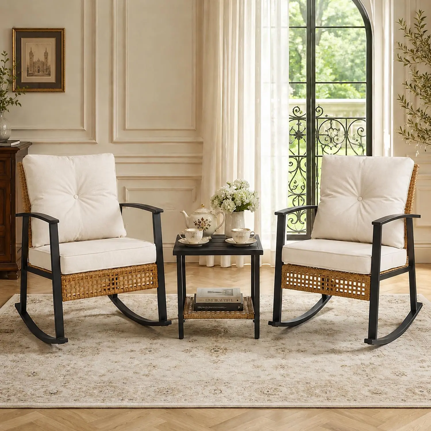 3-Piece Rocking Bistro Set, Outdoor Wicker Patio Furniture with Thick Cushions & 2-Tier Table, All Weather Oversized Porch Chair