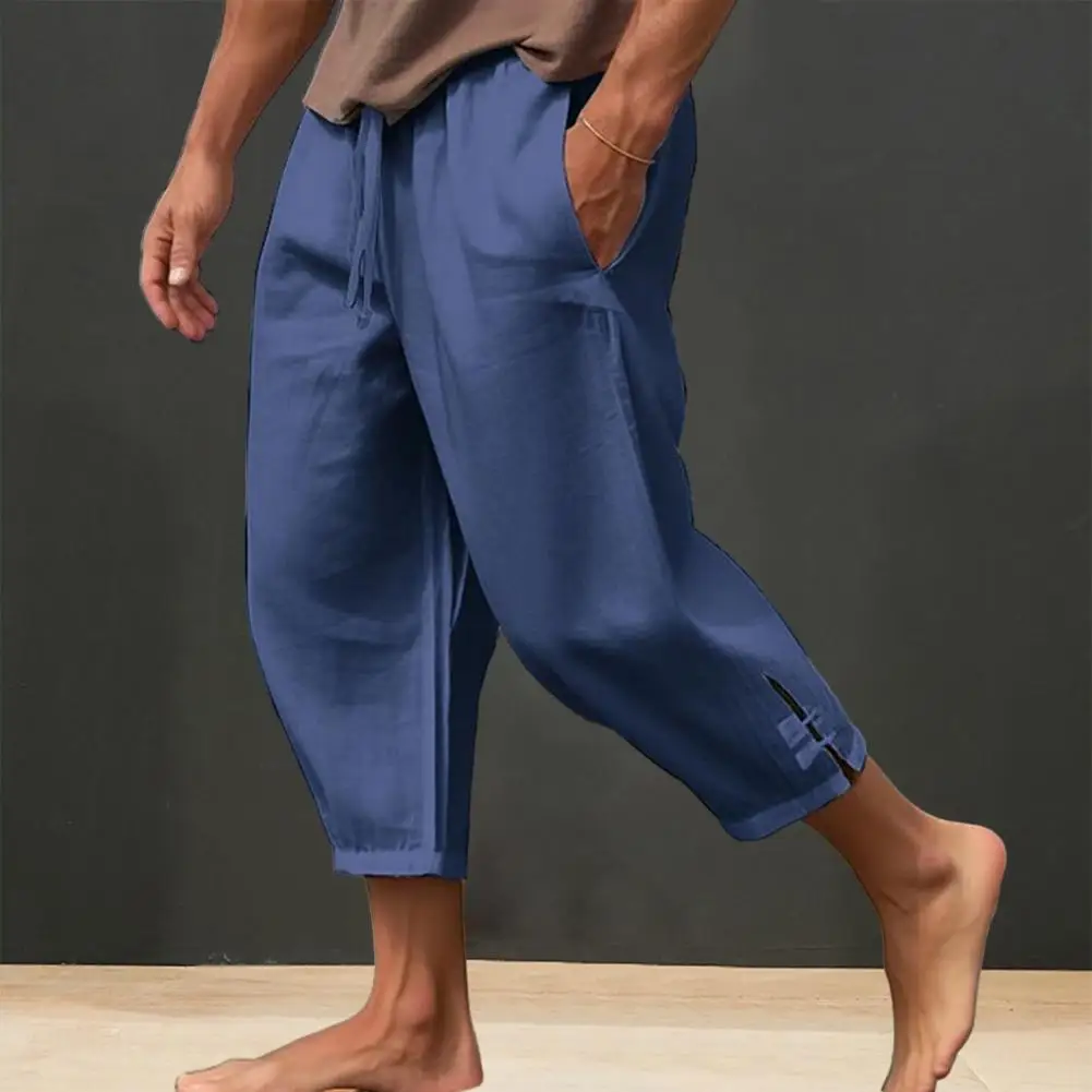 Beach Slits Trousers Men\'s Drawstring Cropped Pants with Elastic Waist Deep Crotch Soft Breathable Summer Trousers for Beach