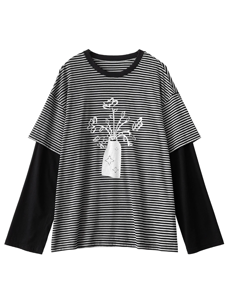 CHIC VEN 패션 여성 티셔츠 루즈 캐주얼 긴팔 스트라이프 O넥 패치워크 티 여성 탑 봄 가을 2026