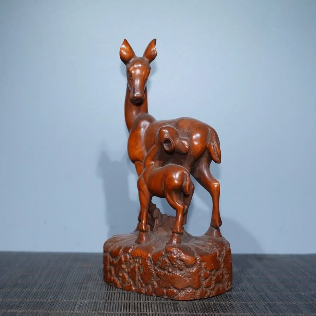 Hand Carved Wood Mother and son deer elk Statue Figurine Desktop Ornaments Home Decoration