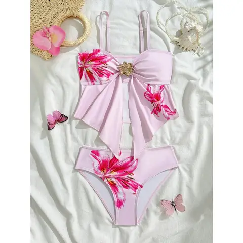 7-16 Years Girls Kids High Waist Flower Swimwear Summer Beach Children Swimsuit Print Biquini Teens Bathing Suit Pink Bikini Set