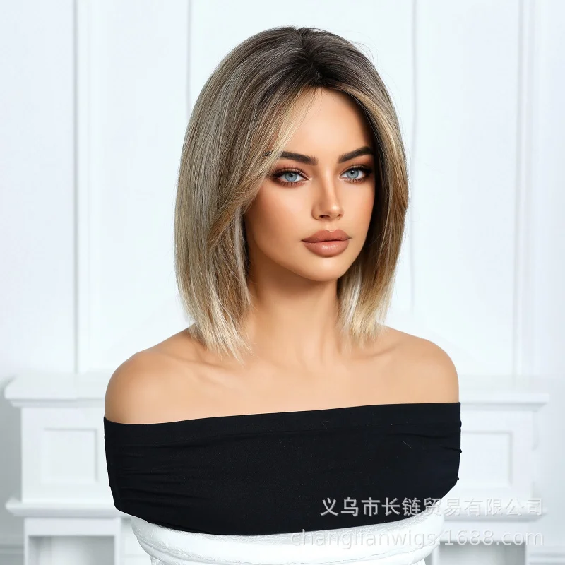 

European American style women's wig, high-temperature fiber, machine-made scalp, BOBO cut with bangs, fashionable and natura