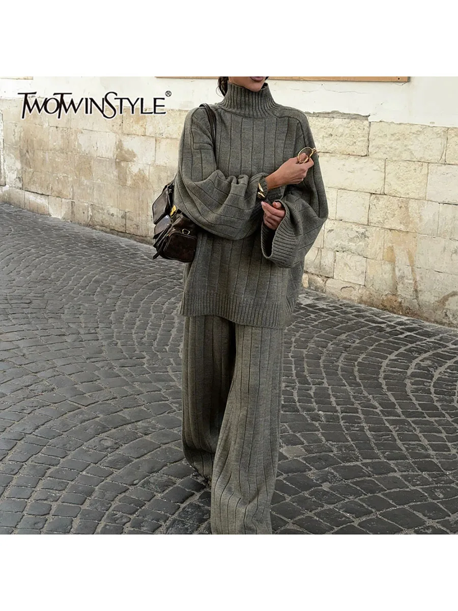 TWOTWINSTYLE Knit Spliced Solid Slimming Two Piece Set for Women High Collar Long Sleeve Top High Waisted Trousers Sets Female