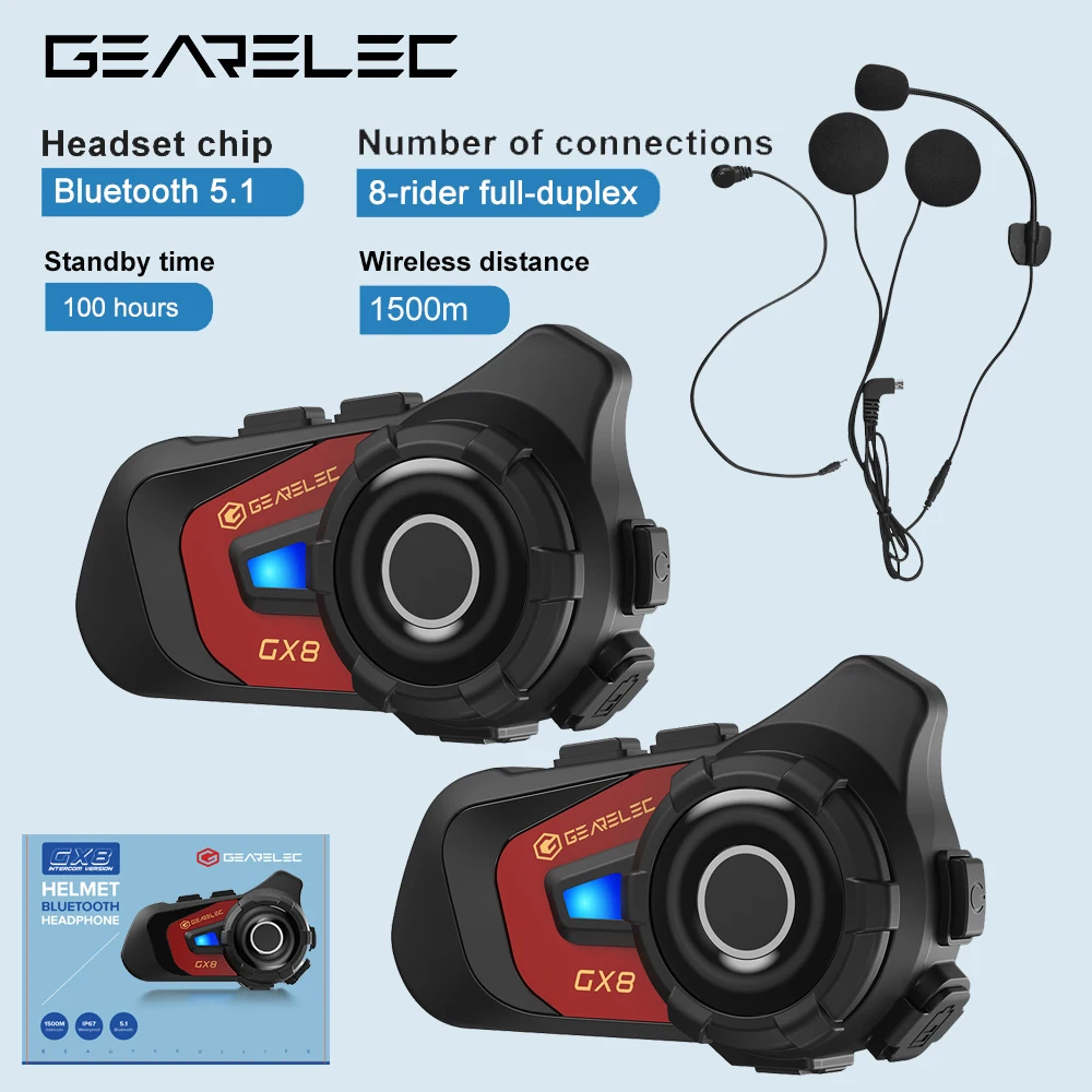 GEARELEC GX8 Motorcycle Bluetooth Intercom Music Sharing 1500m 8 Riders Group Helmet Communication Speaker Headset Interphone