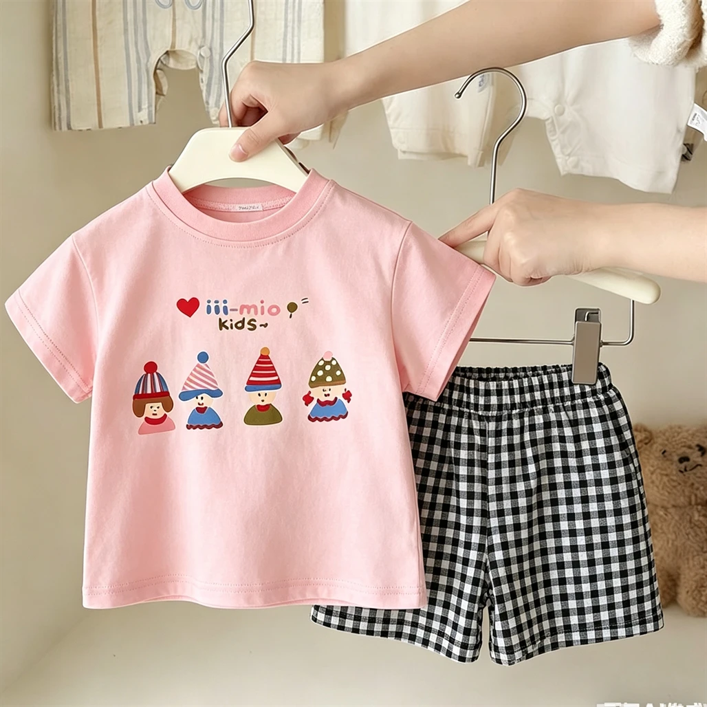 Girls Clothing Short-sleeved Outfits White Pink Tshirt Plaid Shorts Two Piece Set Outer Wear New Design Print Tees +Shorts 2pcs