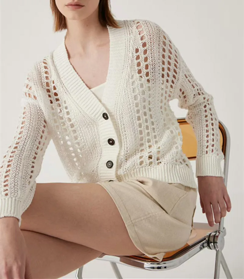 

Women's Spring Summer New Hollow Knitted Cardigan Fashion Linen Sweater Jacket