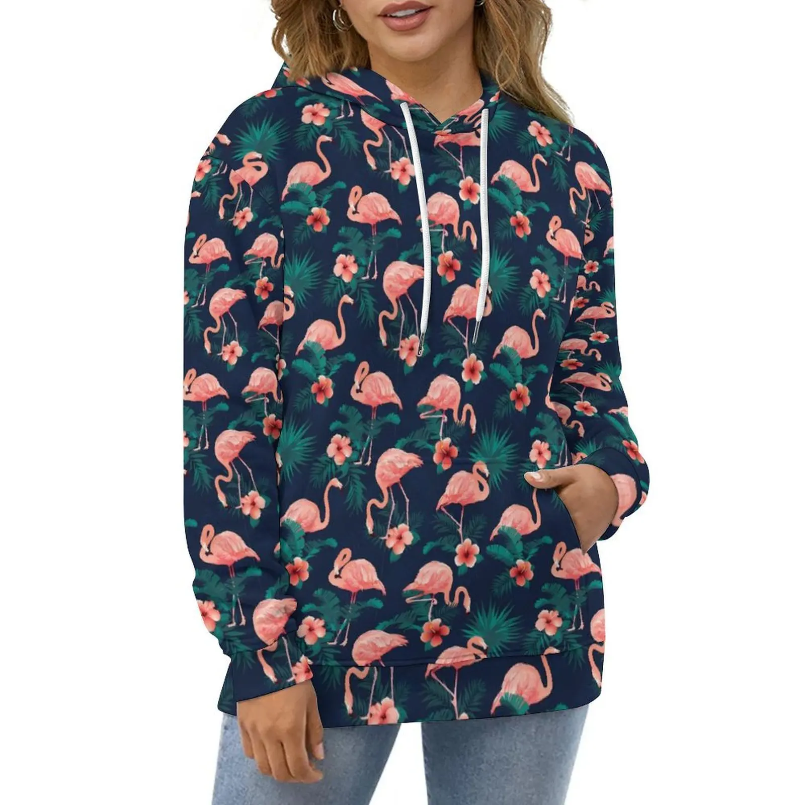 

Pink Bird Casual Hoodies Flamingo And Hibiscus Kawaii Hoodie Ladies Long Sleeve Classic Design Loose Oversized Top