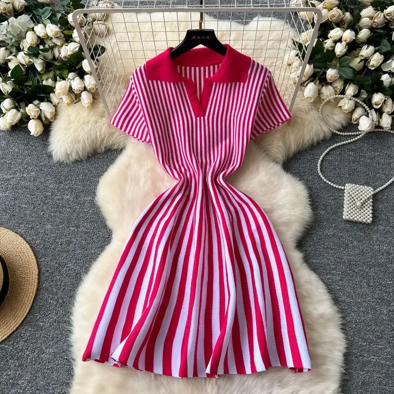 Vintage Striped Knitted Mini Dress Women Polo-neck Short Sleeve High Stretch Fit A-line Casual Dresses Streetwear Vestidos