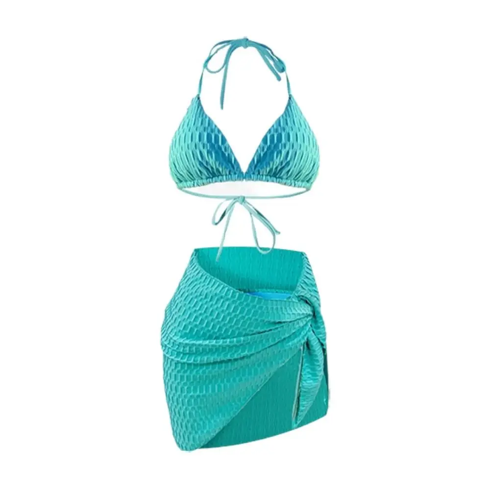 

Solid Color Swimsuit Suit Lace-up Design Mini Style Triangle Bikini Gathered Chest Sky Blue Halter Backless Women's Swimwear