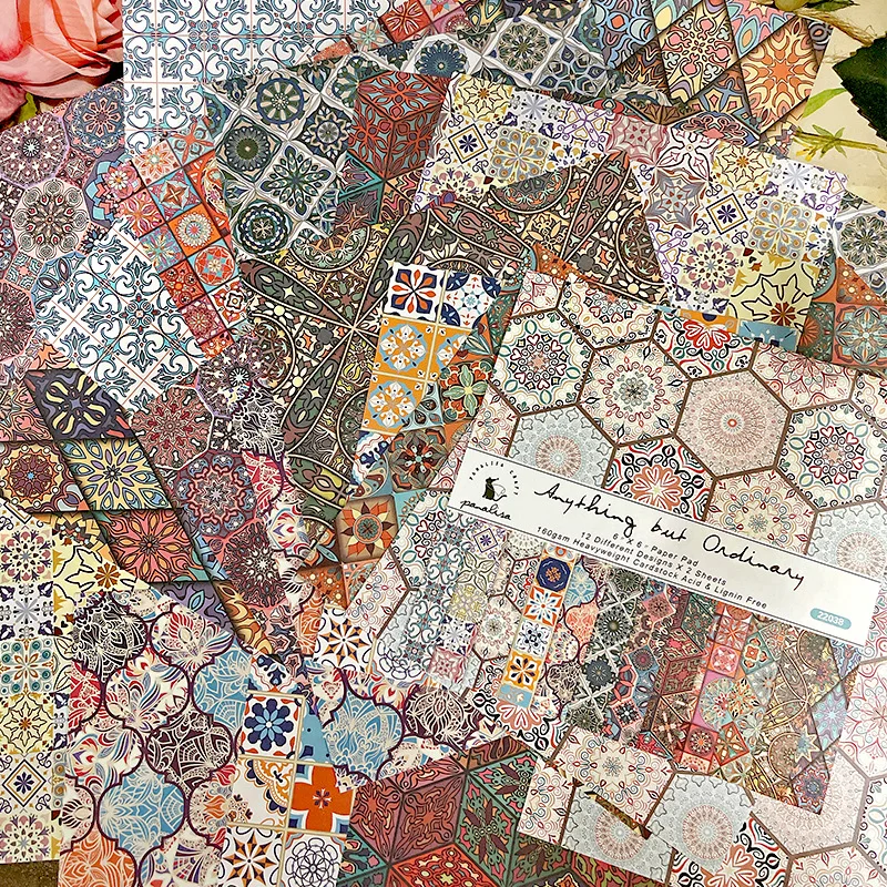 12 Sheet Bohemian Scrapbook Paper Pad Handmade Colored Paper Cardstock Scrapbooking Pattern Paper Pack Junk Journal Craft Paper